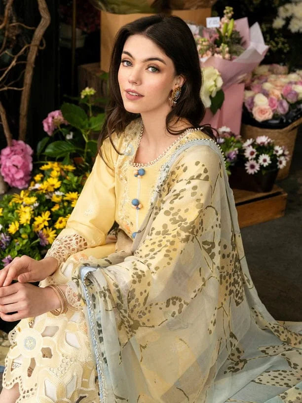 MS-2570A  Unstitched Embroidered Lawn 3pc Suit With Cotton Lawn Printed Dupatta