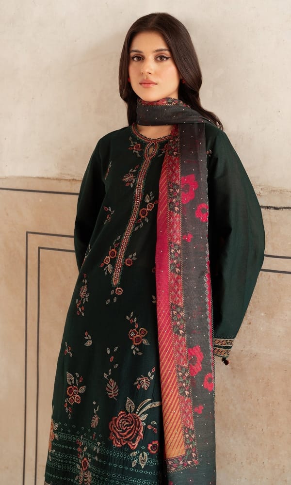 JZ-580 Dhanak Embroidered Suit With Digital Printed Woolen Shawl