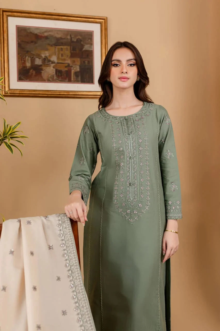 RP-600 Unstitched Heavy Embroidered Dhanak Suit With Embroidered Dhanak Shawl