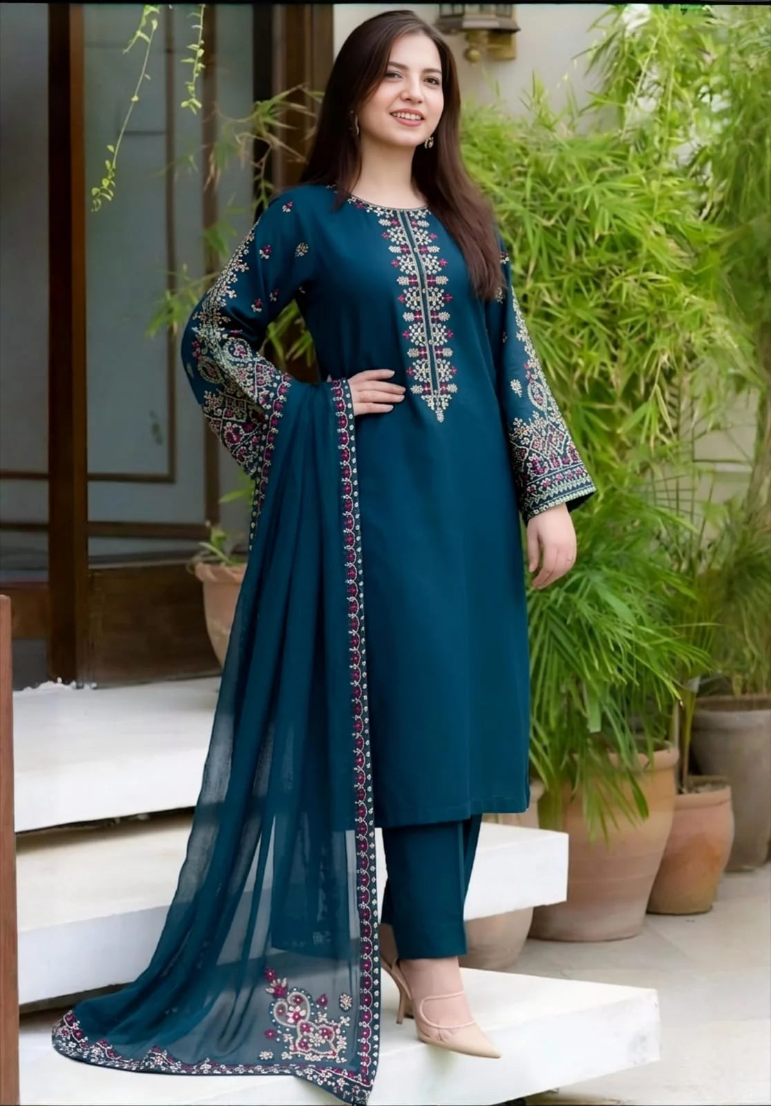 LM-585 Unstitched Embroidered Dhanak 3 Piece  With Embroidered Dhanak Dupatta