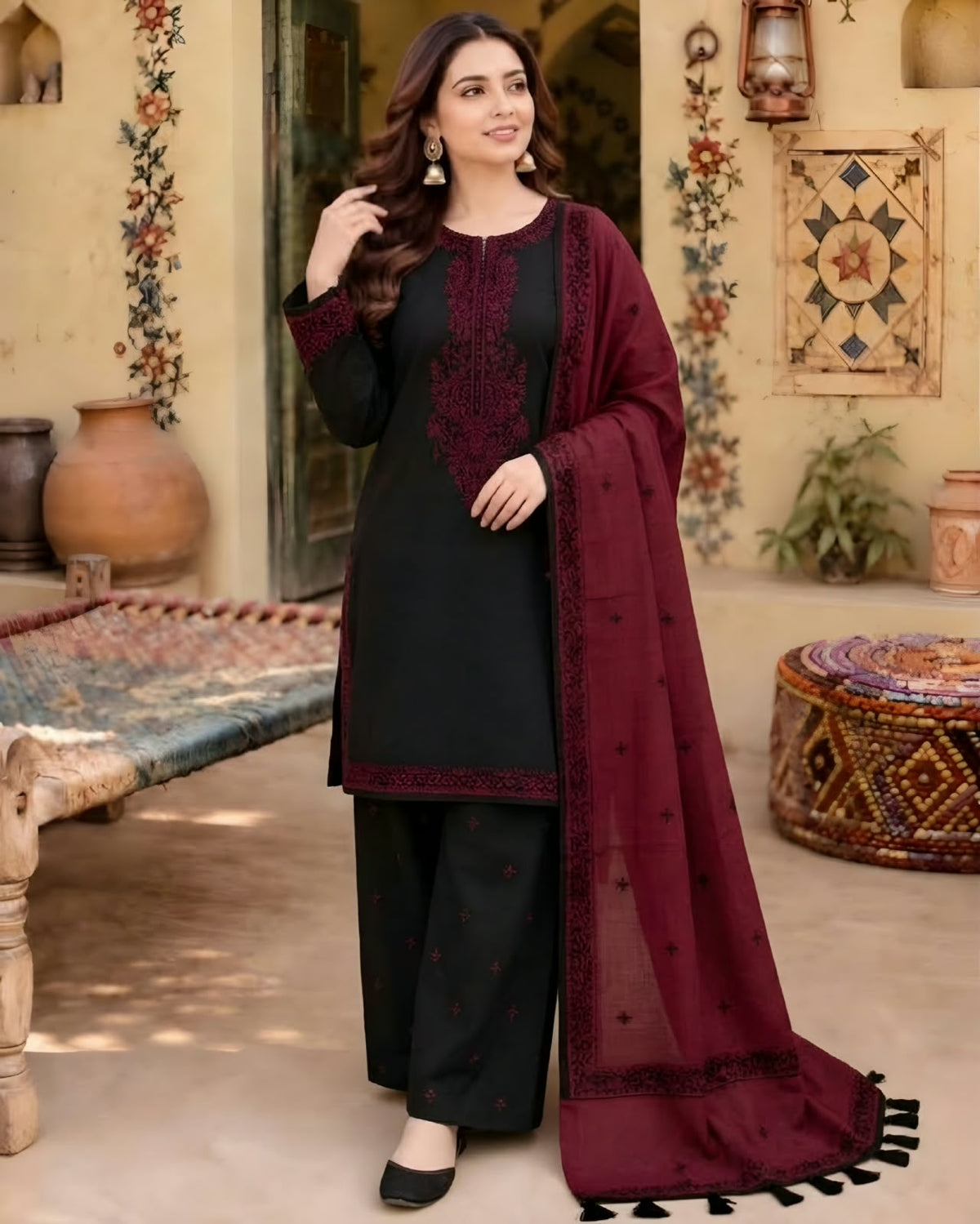 KD-910(B) Unstitched Heavy Embroidered Dhanak Suit With Embroidered Dhanak Shawl