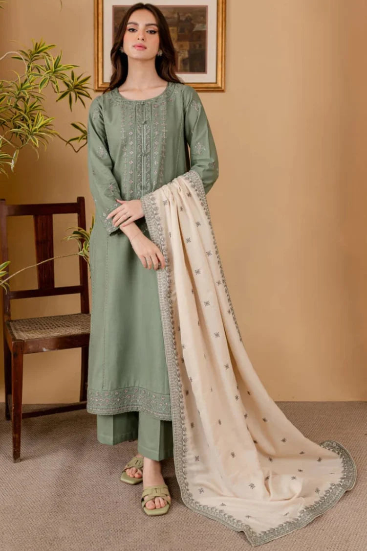 RP-600 Unstitched Heavy Embroidered Dhanak Suit With Embroidered Dhanak Shawl
