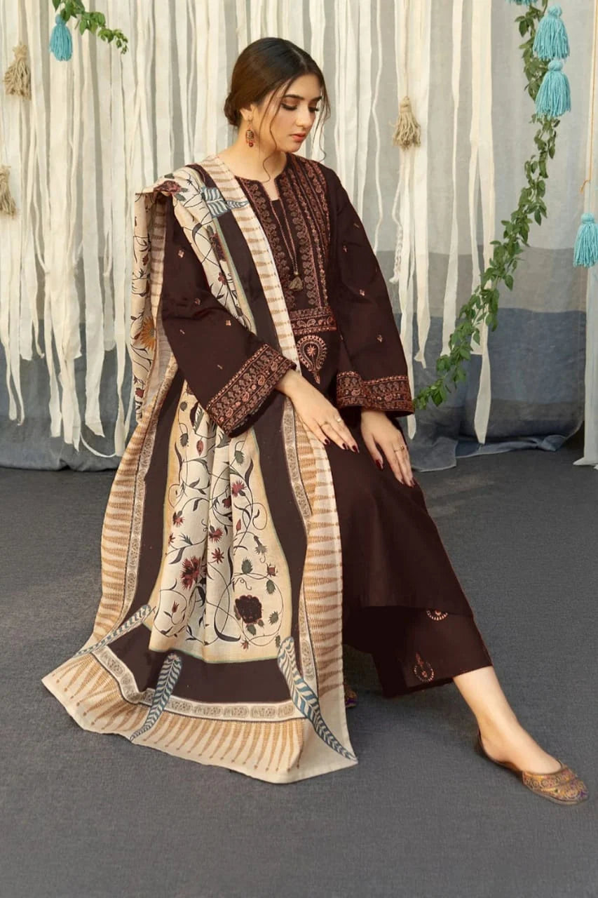 MB-845(B) Dhanak Embroidered Suit With Digital Printed Wool Shawl