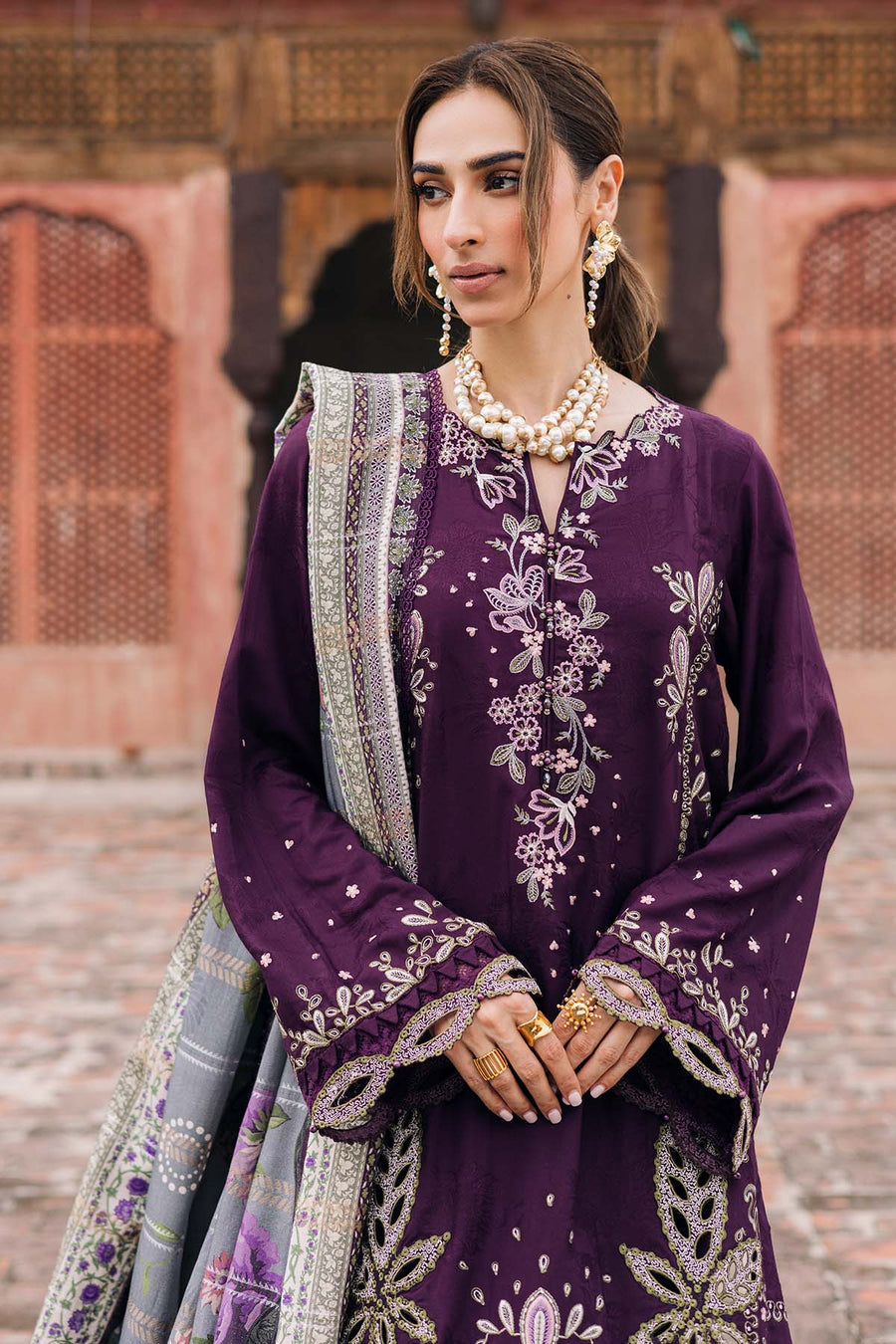 NY-2393 Unstitched Fully Embroidered Dhanak Suit With Digital Printed Wool Shawl