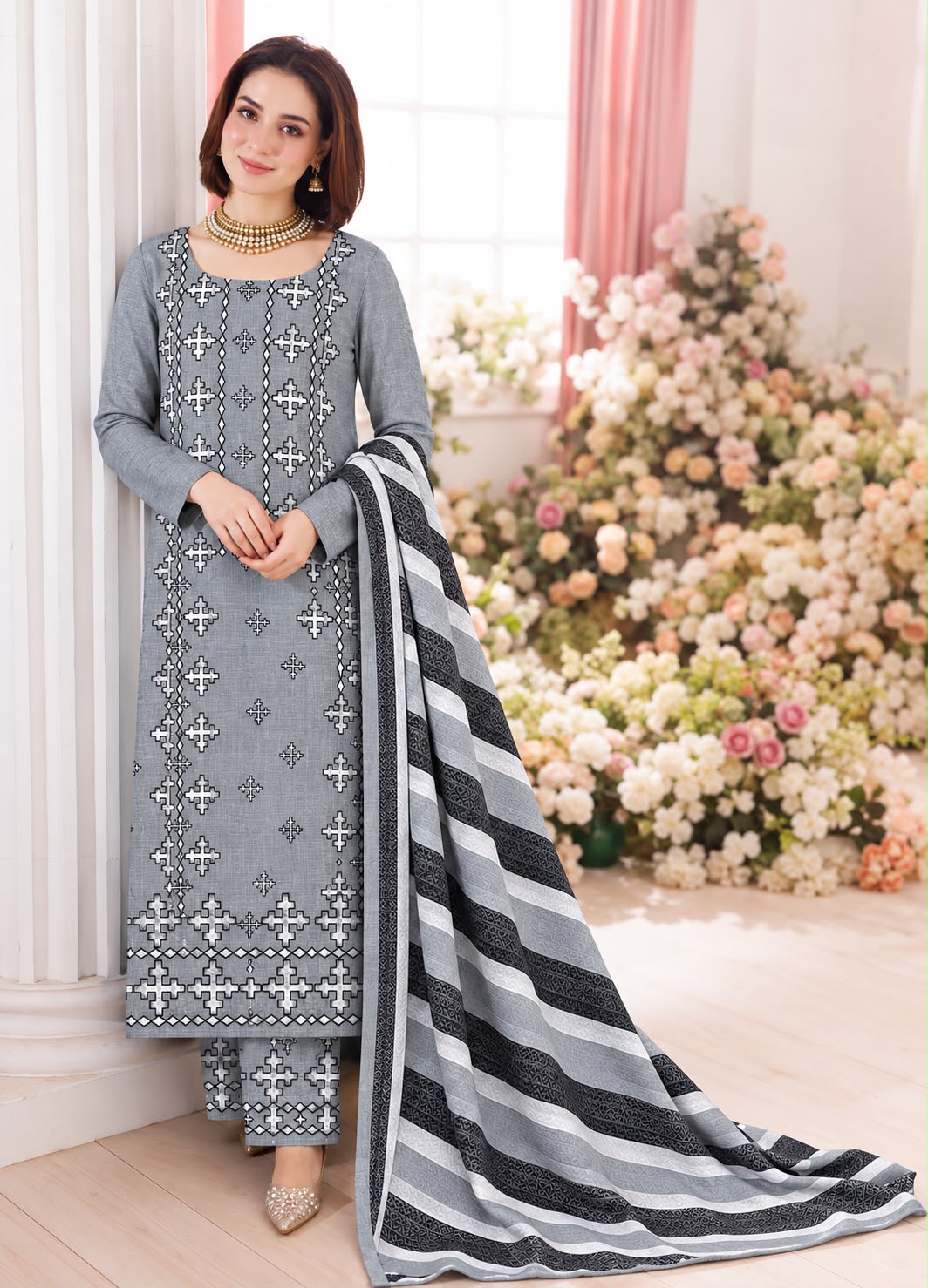 KHADI KHADDAR EMBROIDERED UNSTITCED Suit With khaddar printed shawl