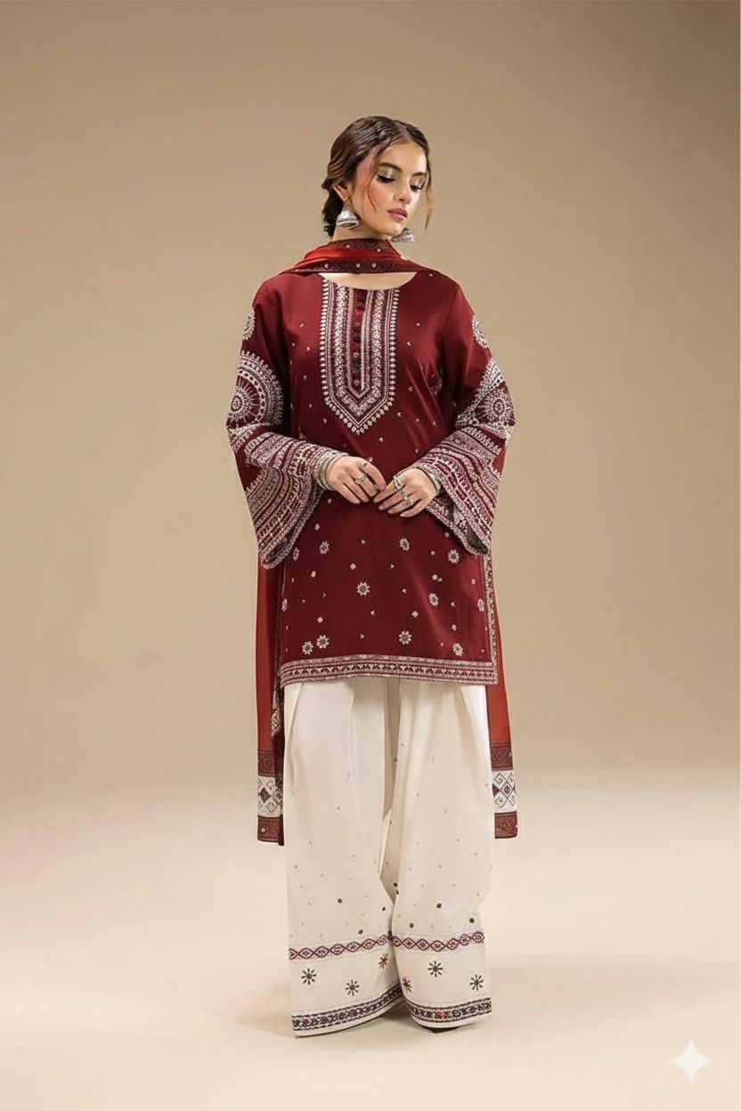 RR-610B Unstitched Heavy Embroidered Dhanak Suit With Digital Printed Dupatta