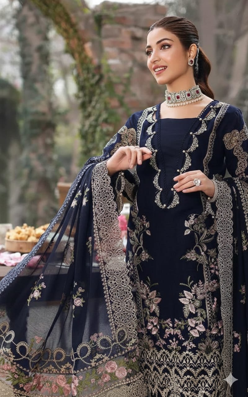KF-2644 Unstitched Heavy Embroidered Dhanak Suit With Embroidered Dhanak Shawl