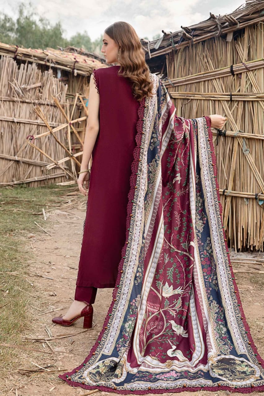 HR-515 Dhanak Embroidered Suit With Digital Printed Woolen Shawl