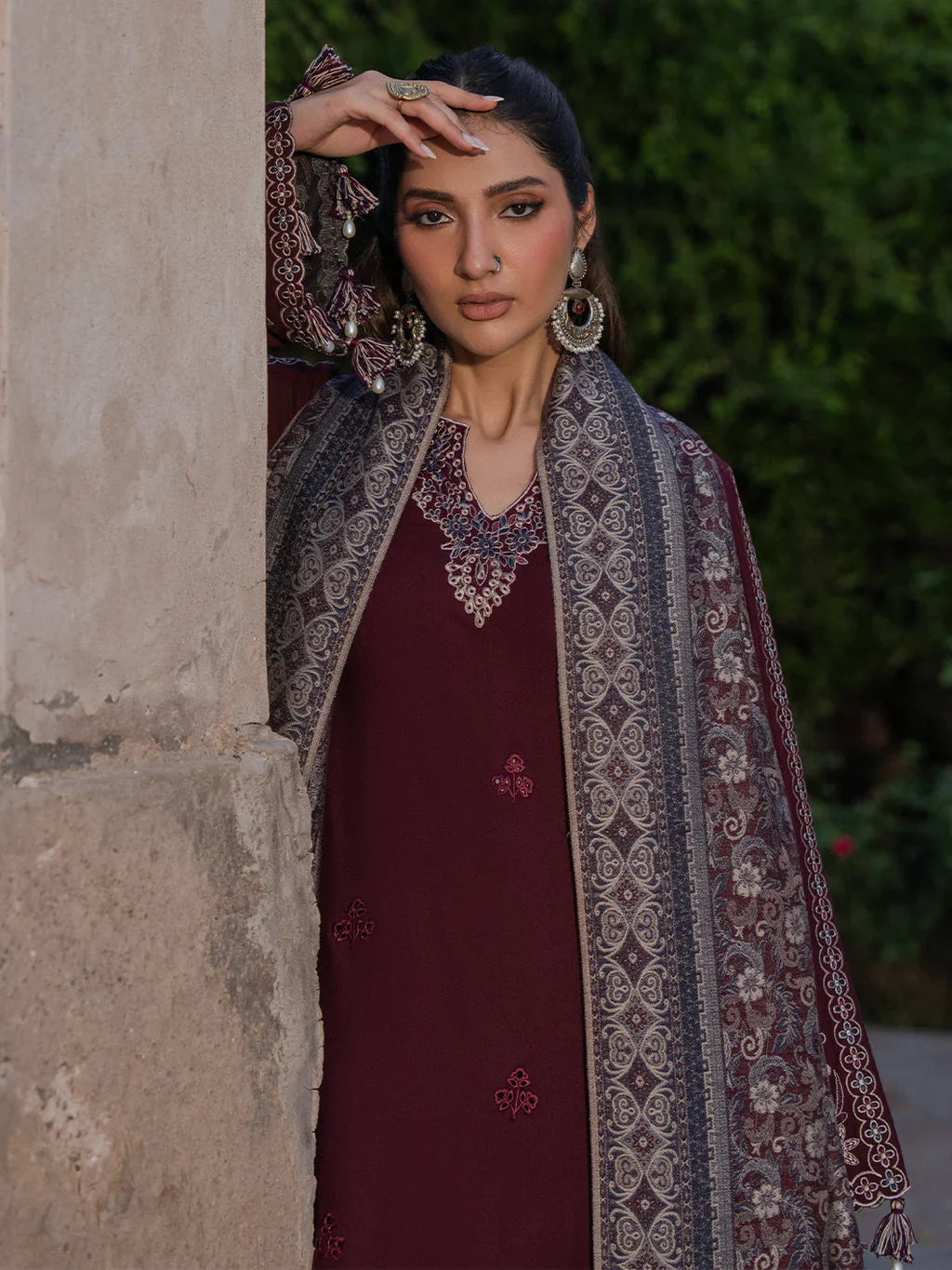 IZ-5733 Unstitched Heavy Embroidered Dhanak Suit With Printed Wool Shawl