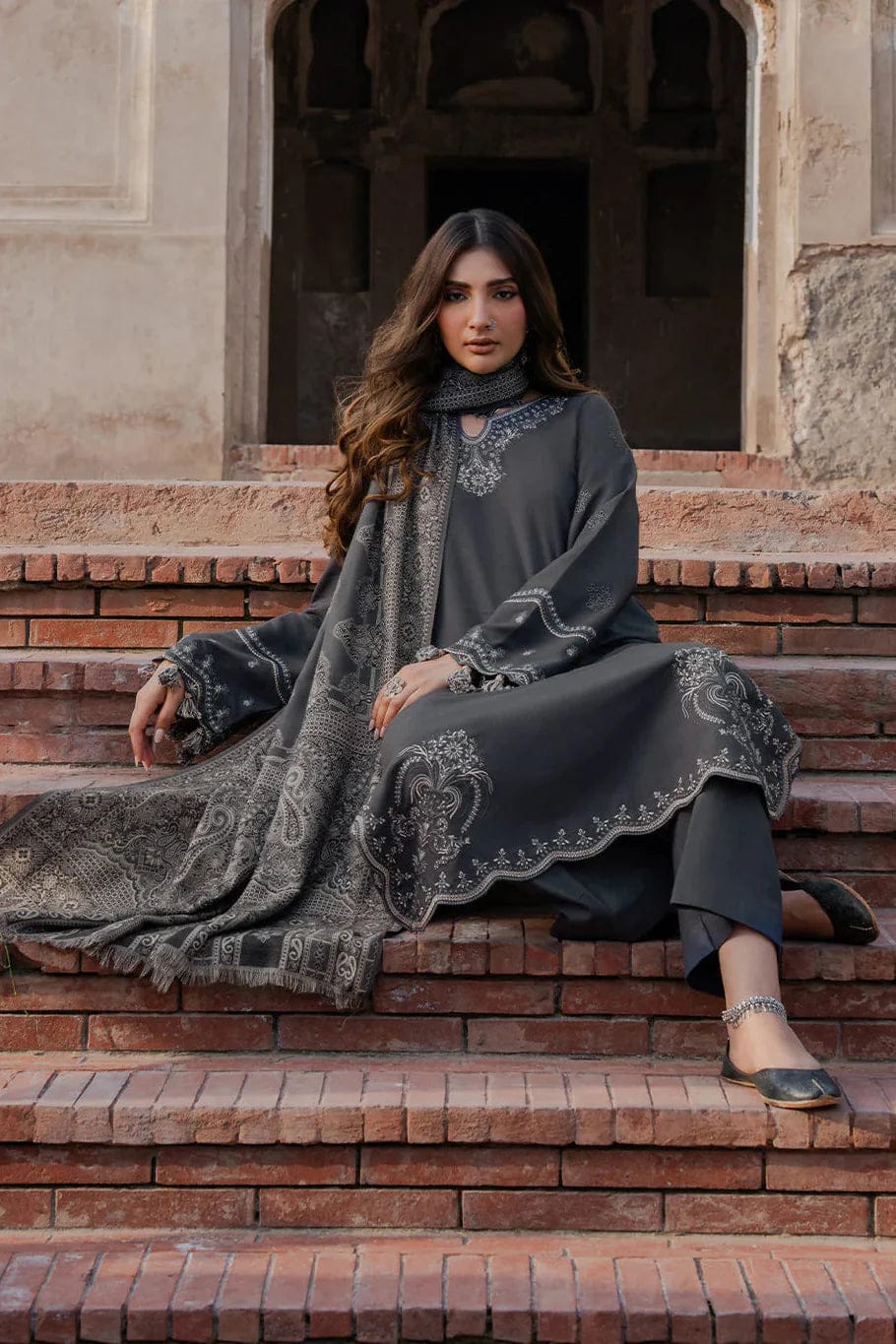 IZ-3733 Unstitched Heavy Embroidered Dhanak Suit With Printed Wool Shawl