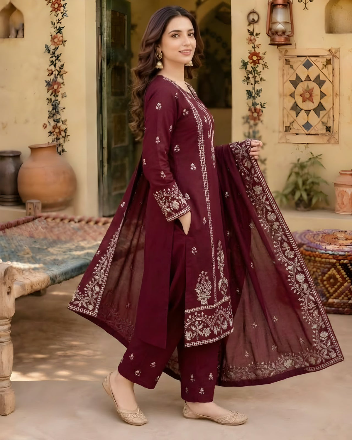 AS-3005 Unstitched Fully Embroidered Dhanak Suit With Embroidered Dhanak Shawl
