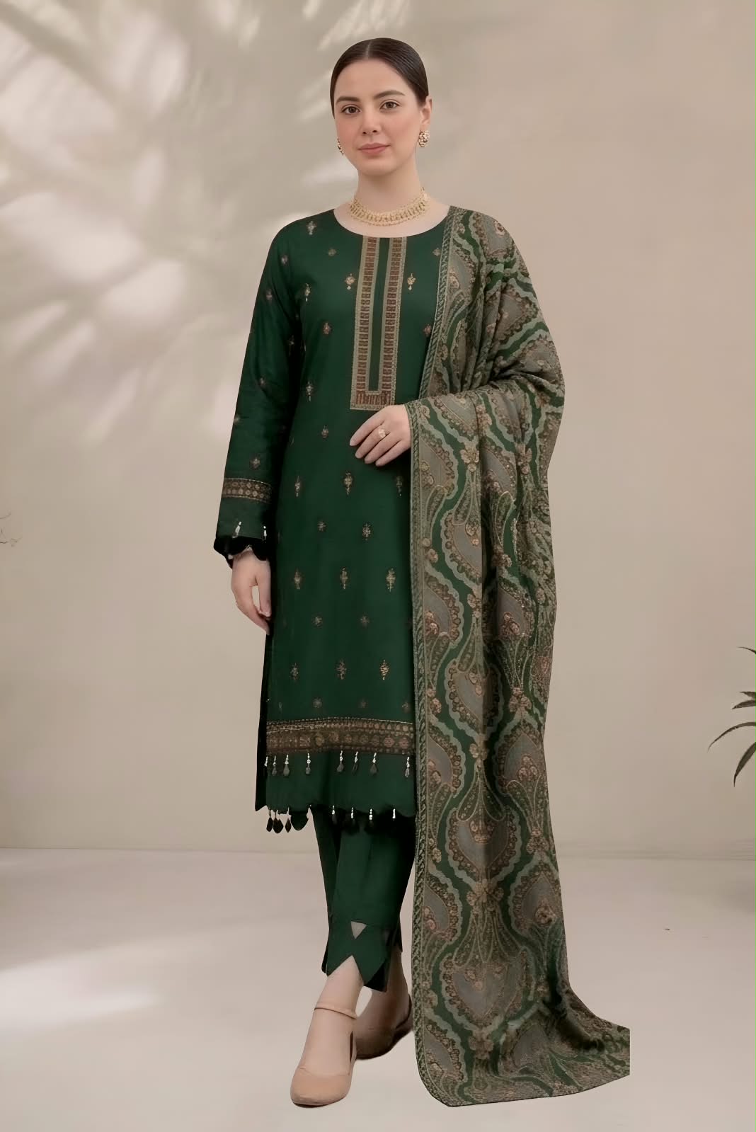 MB-2503(A) Dhanak Embroidered Suit with Dhanak Embroidered Aplik Cut Work Shawl