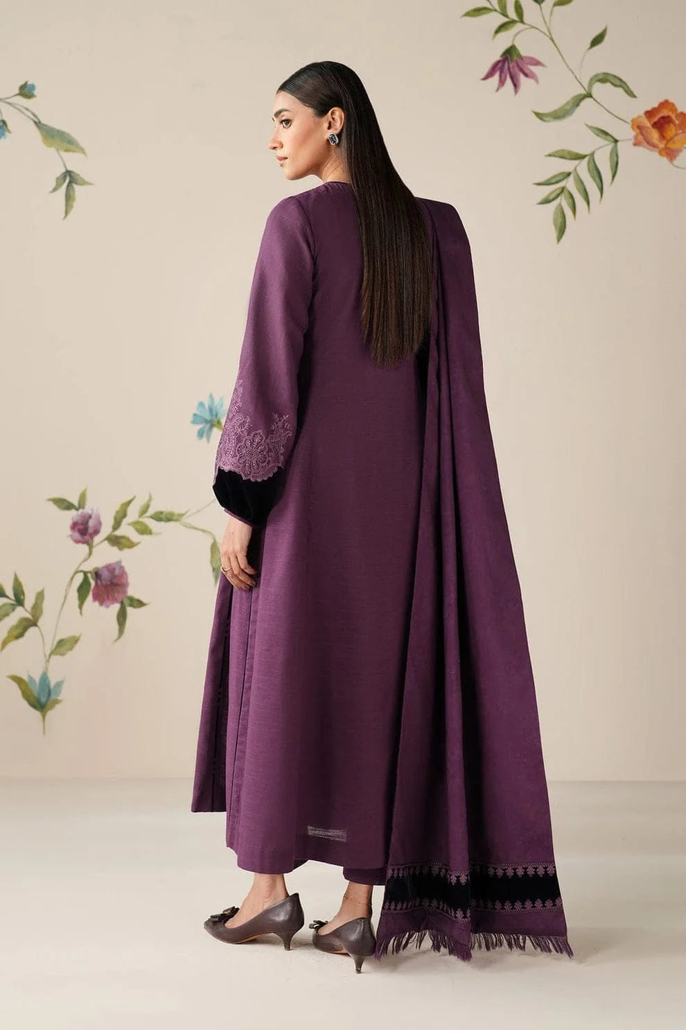 BQ-6433 Black Velvet Aplic Embroidered Dhanak Suit With Embroidered Dhanak Shawl