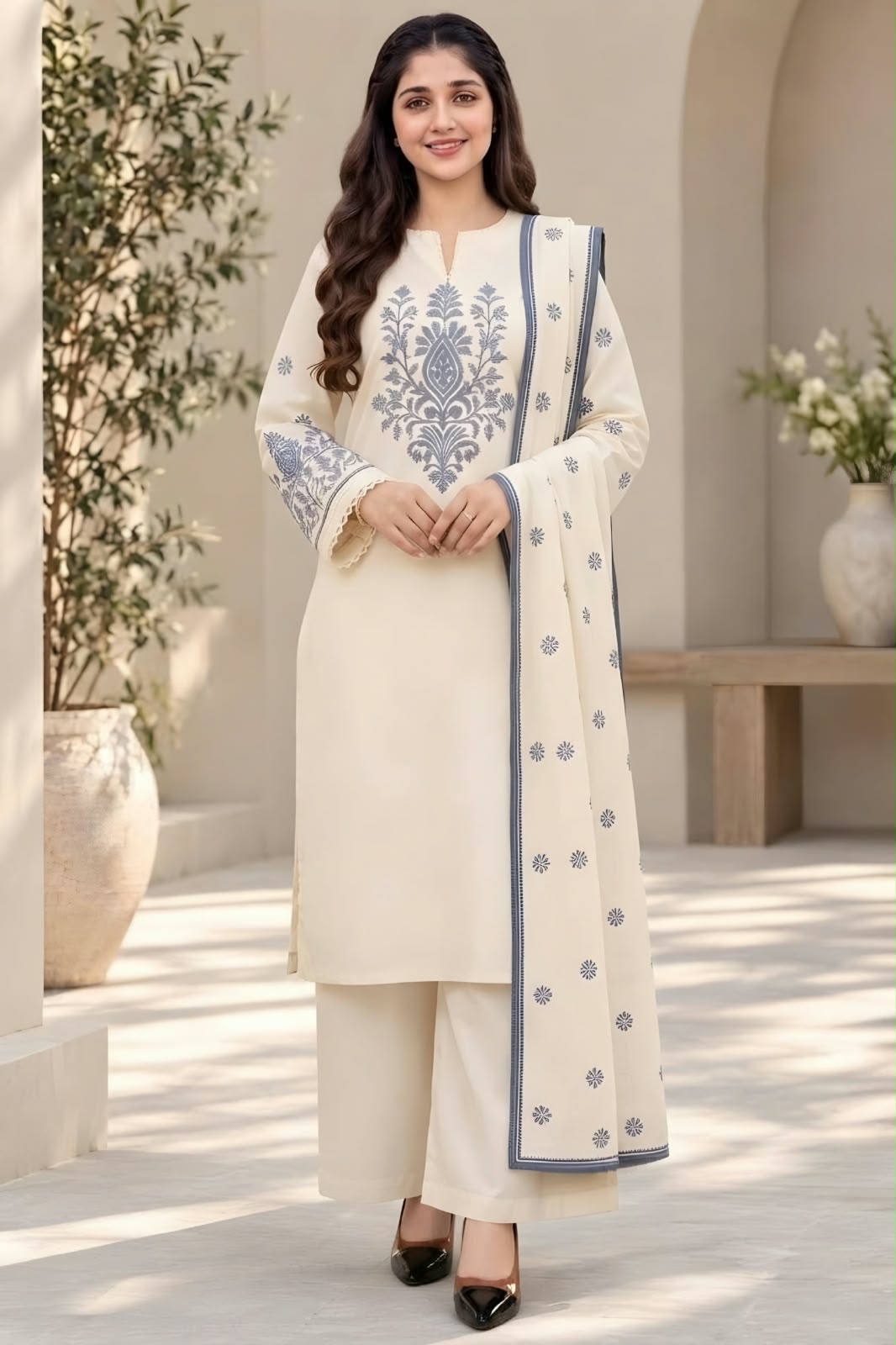 KH-3015 Unstitched Embroidered Dhanak Suit With Embroidered Dhanak Shawl