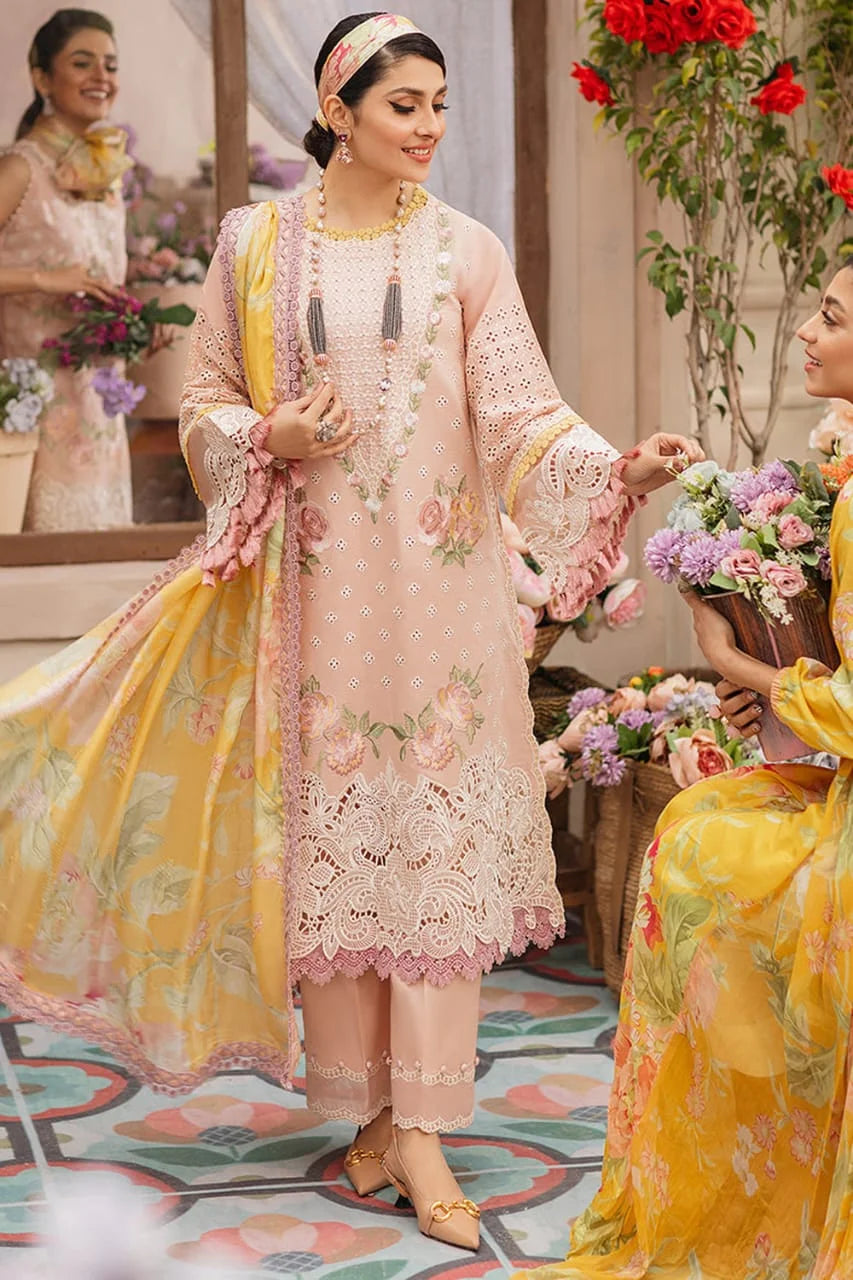 MS-22 Embroidered Unstitched 3Pc Chikenkari Lawn Suit With Silk Printed Dupatt