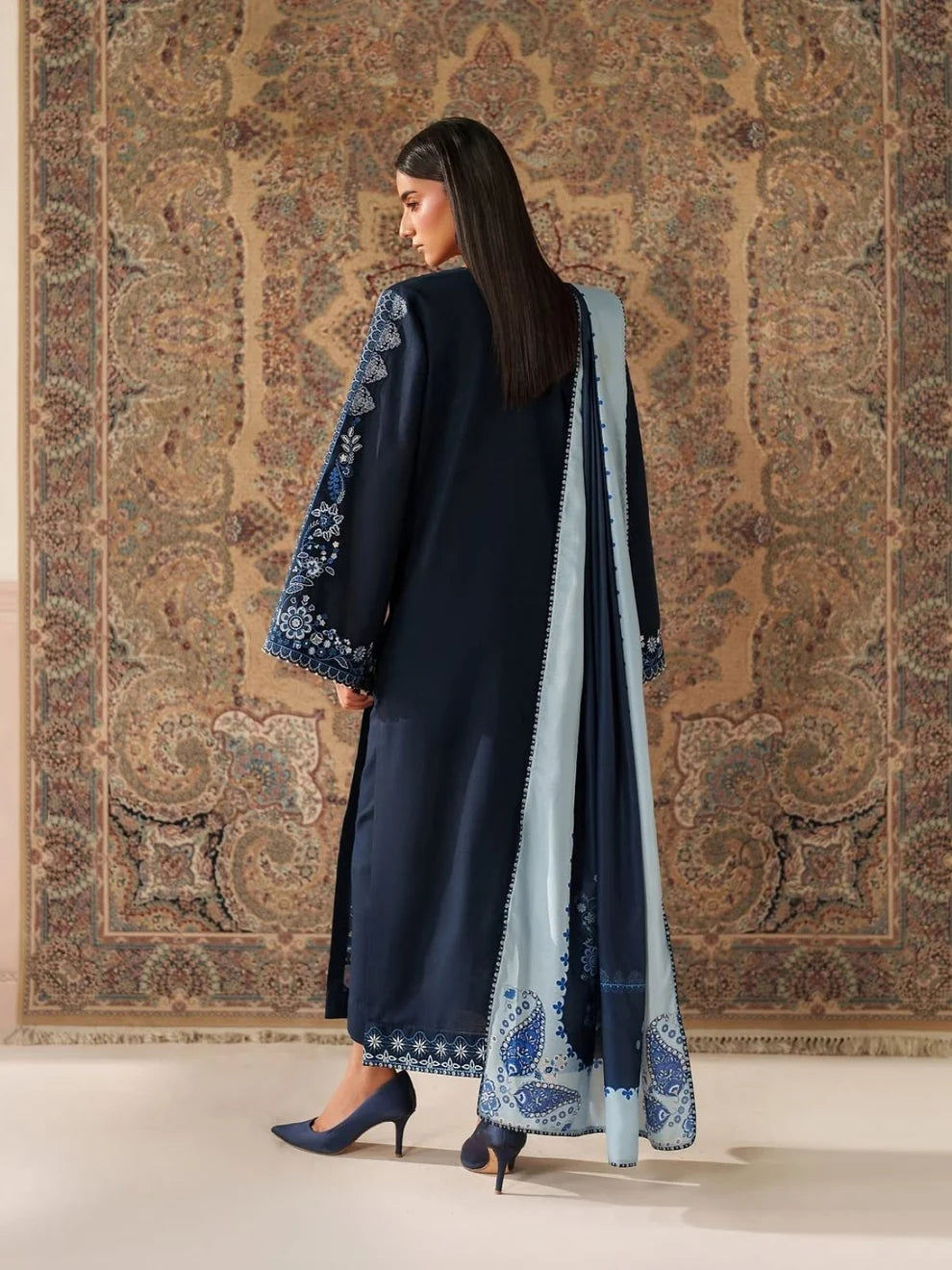 BQ-3010 Dhanak Embroidered Suit with Poly wool digital printed shawl