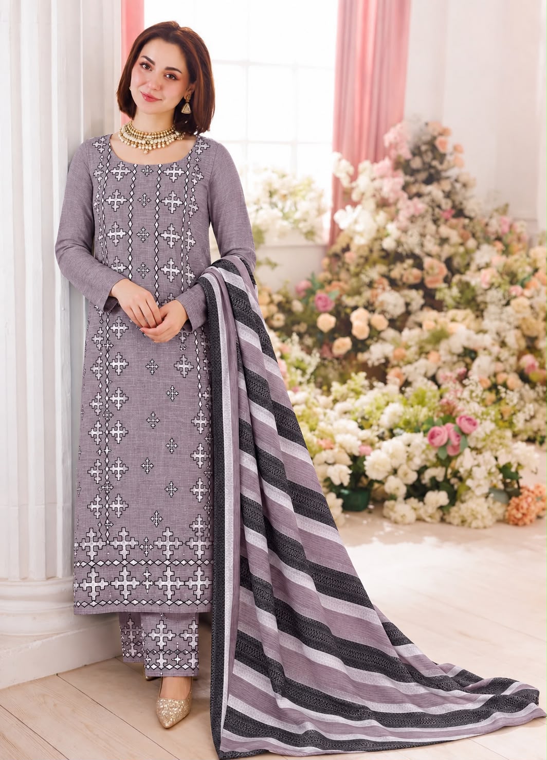 KHADI KHADDAR EMBROIDERED UNSTITCED Suit With khaddar printed shawl