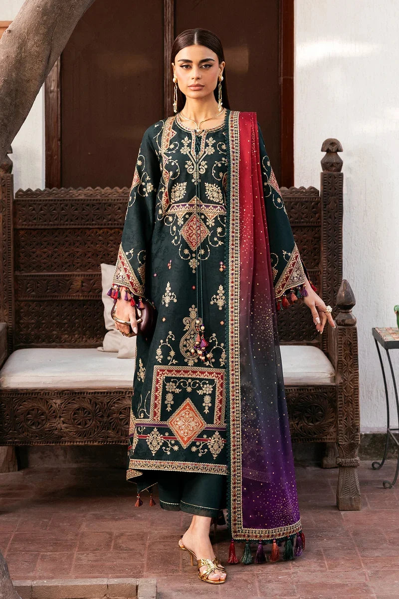 JZ-3050 Unstitched Embroidered Dhanak Suit With Printed Shawl