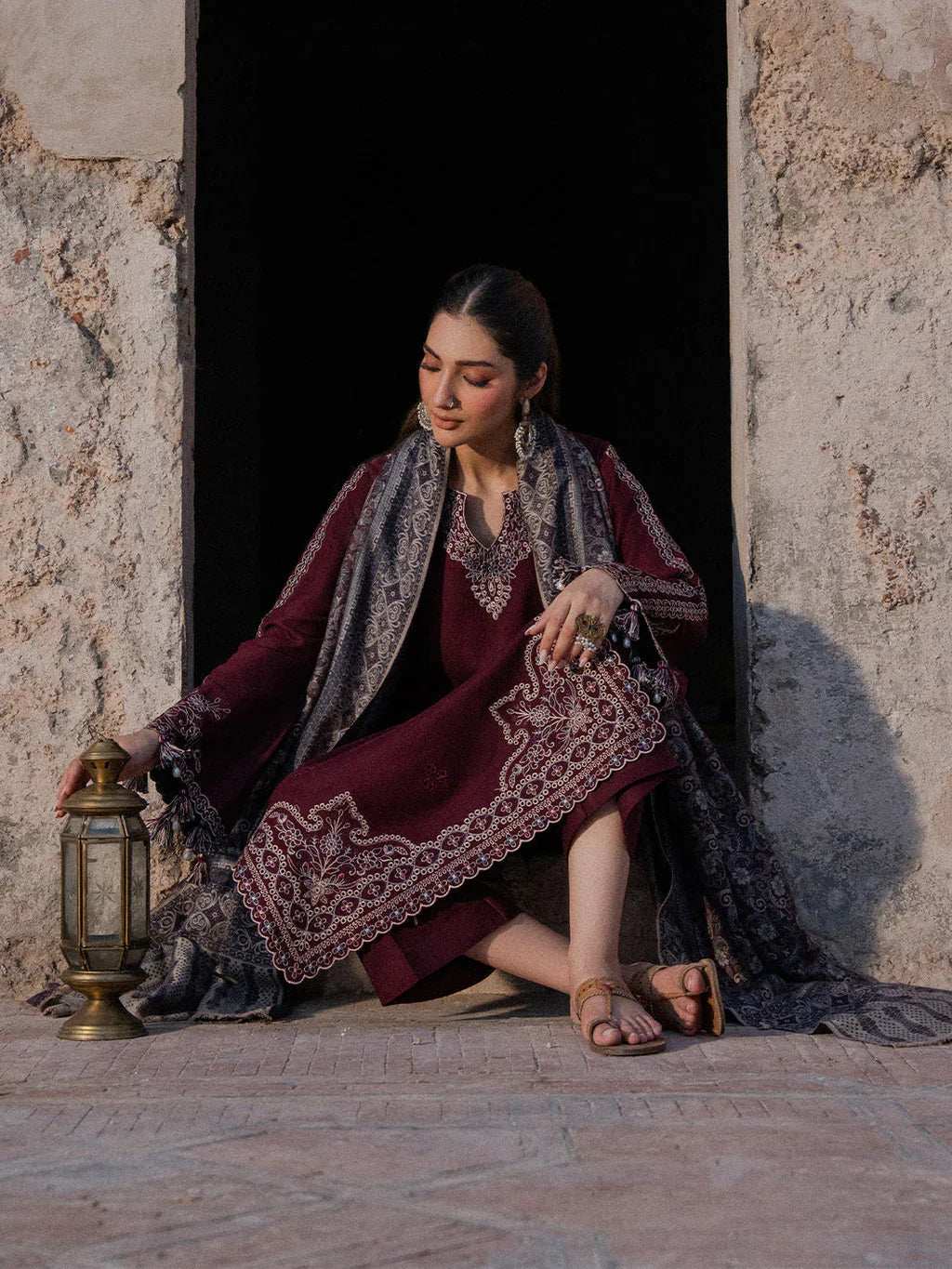 IZ-5733 Unstitched Heavy Embroidered Dhanak Suit With Printed Wool Shawl
