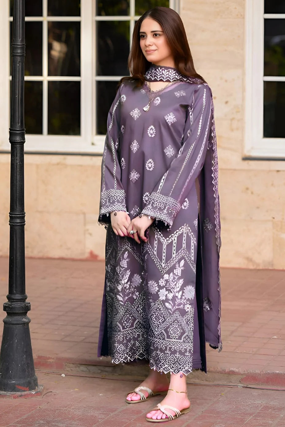 NS-915 Unstitched Fully Embroidered Dhanak Suit With Embroidered Dhanak Shawl