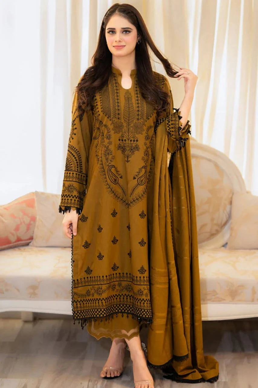 MB-100 Unstitched Fully Embroidered Dhanak Suit With Embroidered Dhanak Shawl