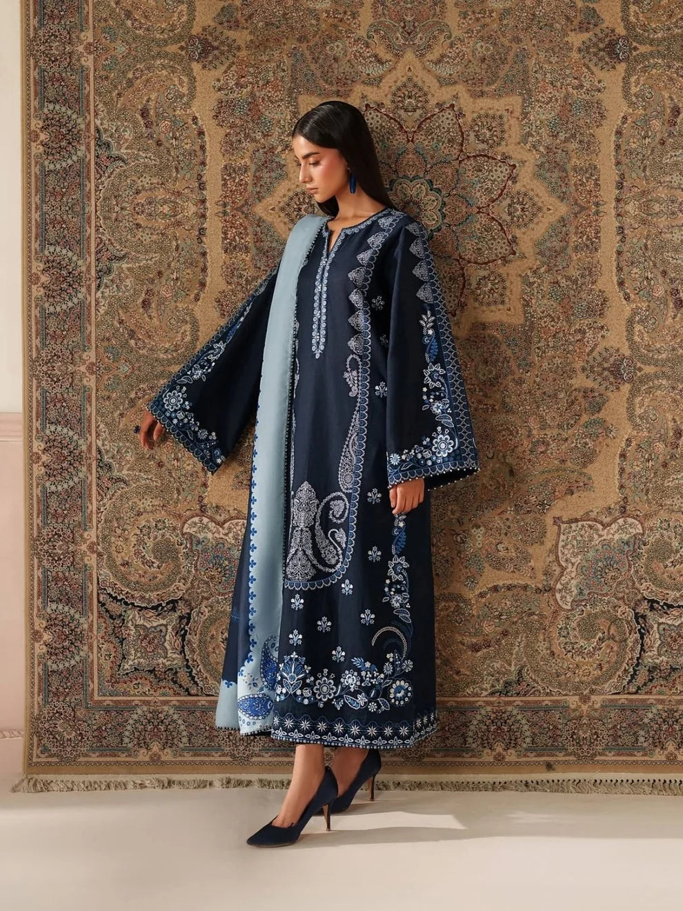 BQ-3010 Dhanak Embroidered Suit with Poly wool digital printed shawl