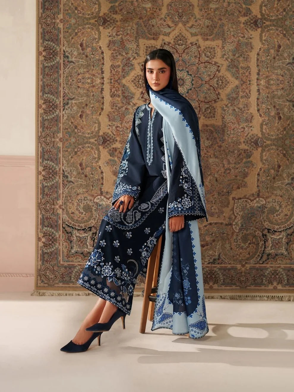 BQ-3010 Dhanak Embroidered Suit with Poly wool digital printed shawl