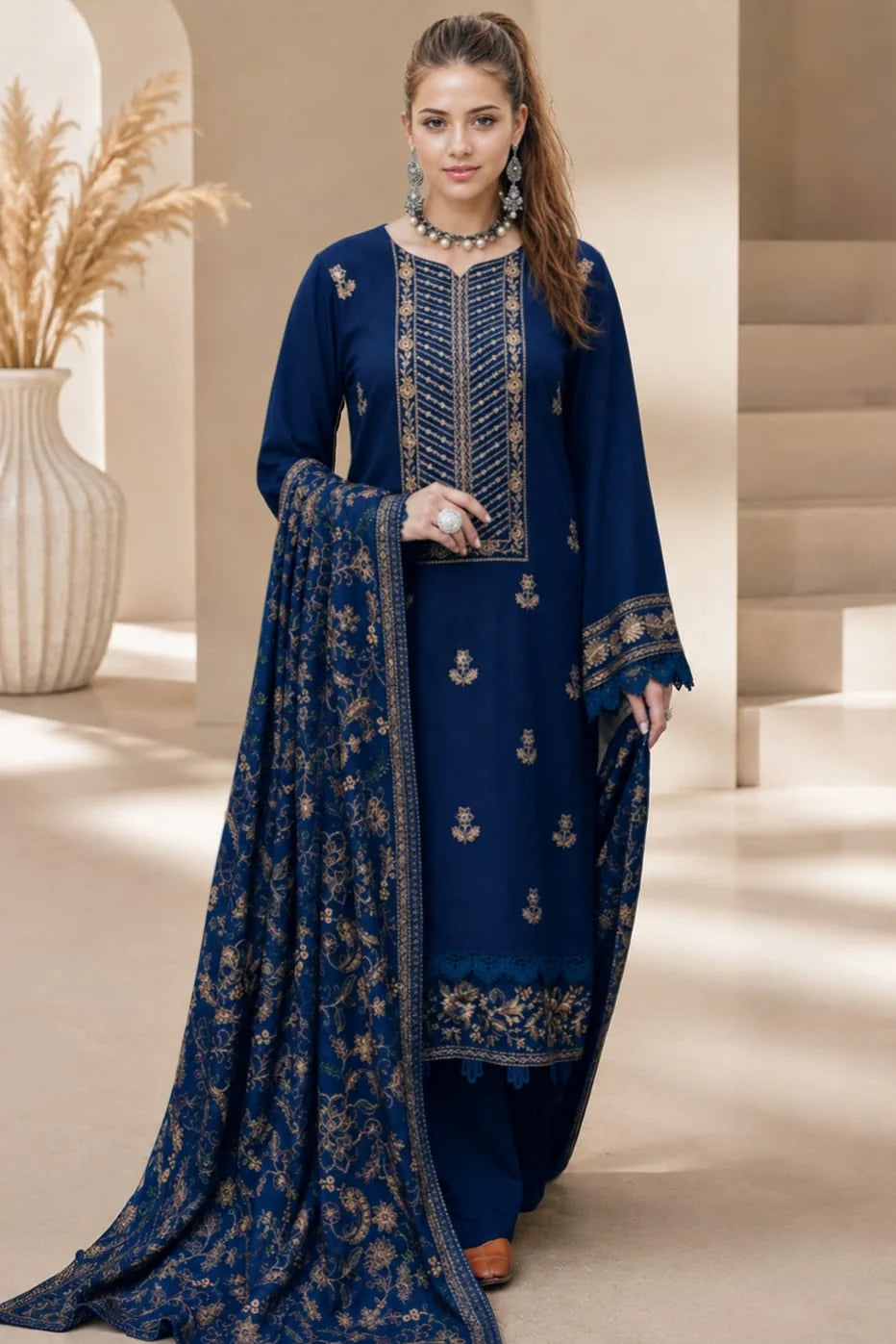 MR-605 Unstitched Embroidered Dhanak Wool Suit With Embroidered Dhanak Shawl