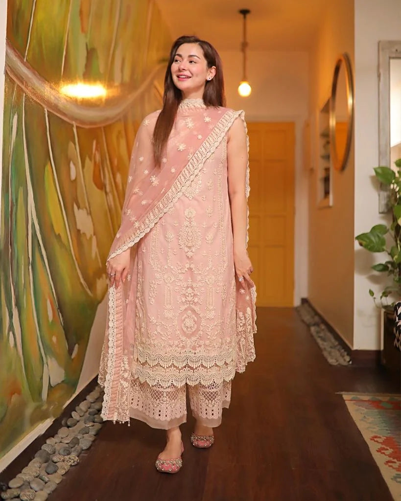 LM-54 3Pc Unstitched Embroidered Lawn Suit With Organza Embroidered Dupatta