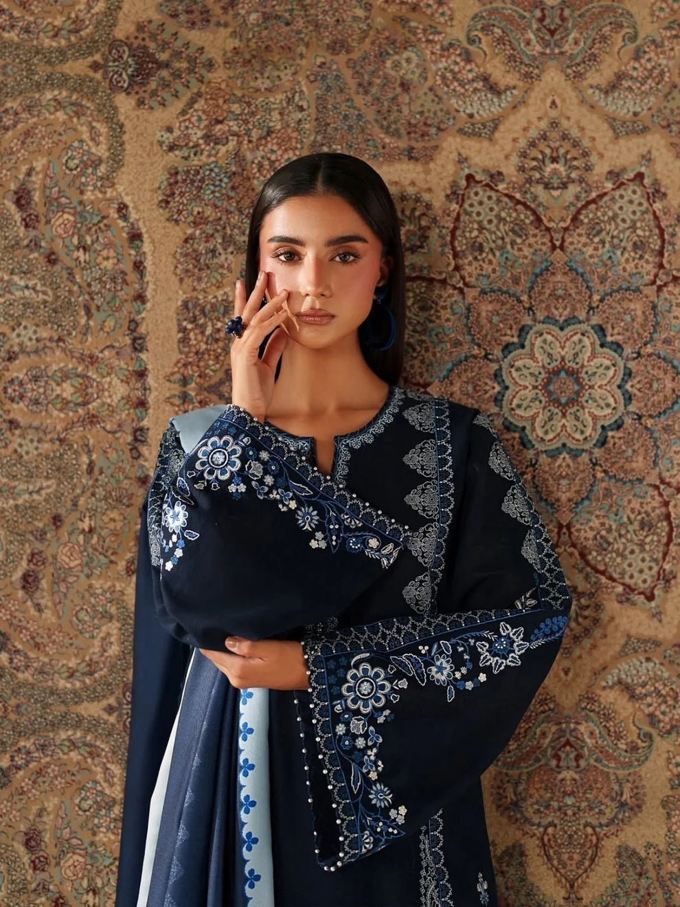 BQ-3010 Dhanak Embroidered Suit with Poly wool digital printed shawl