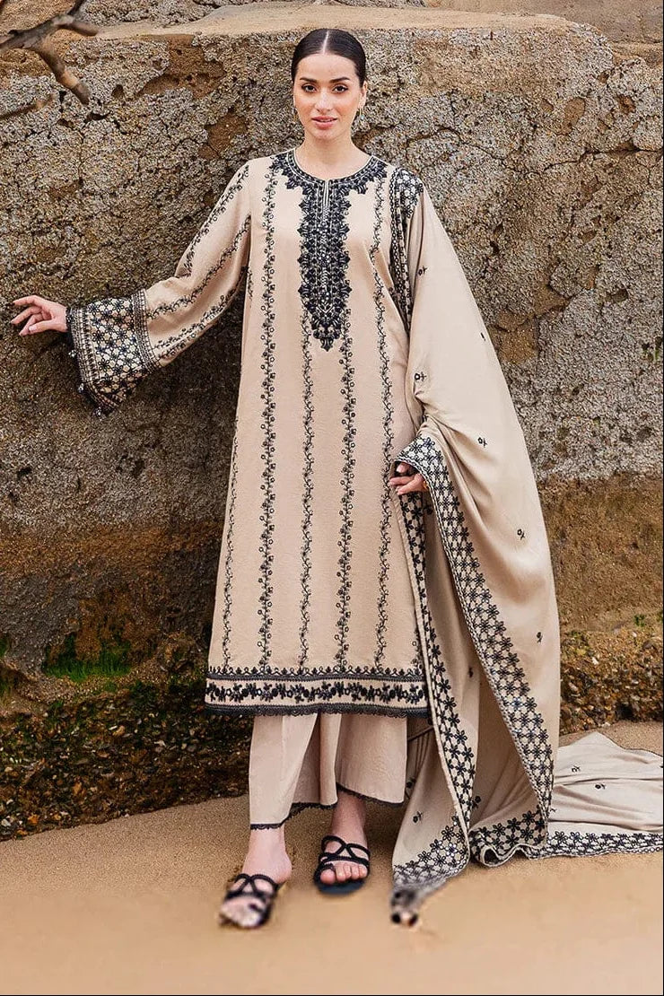 AJ-950 Unstitched Fully Embroidered Dhanak Suit With Embroidered Dhanak Shawl