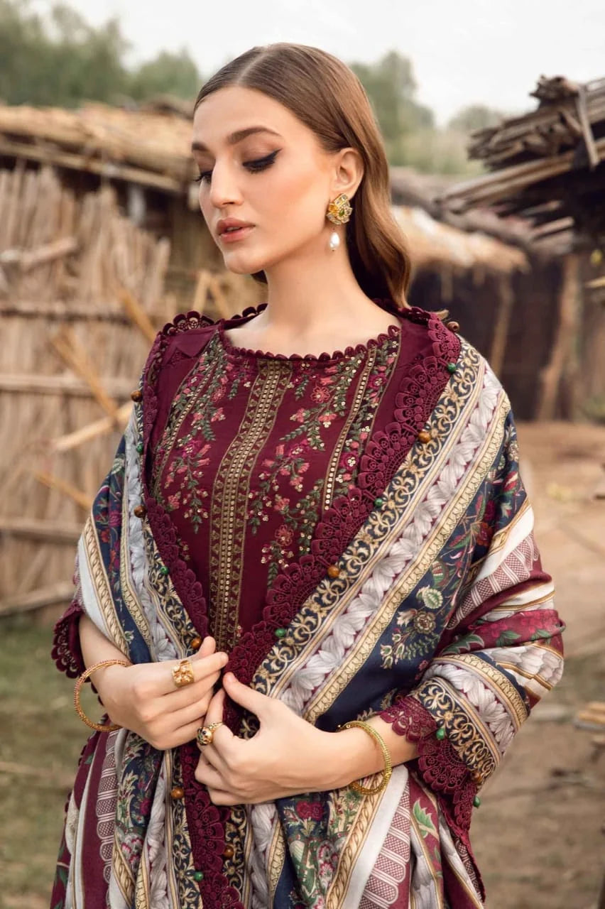 HR-515 Dhanak Embroidered Suit With Digital Printed Woolen Shawl