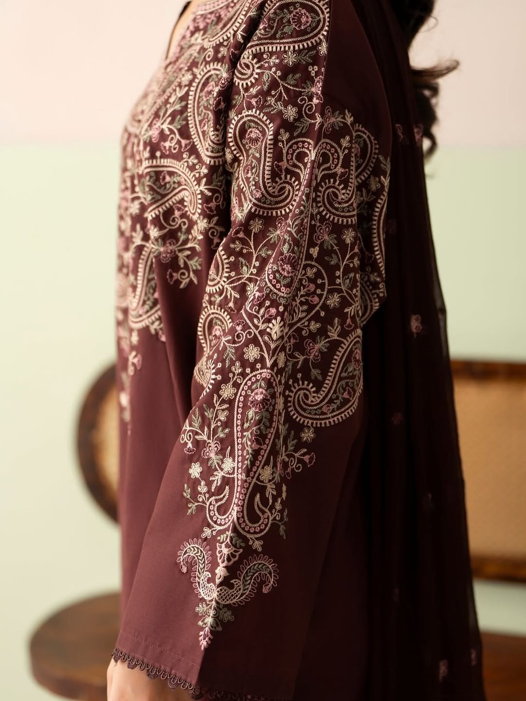 PZ-2563 Unstitched Fully Embroidered Dhanak Suit With Embroidered Dhanak Shawl