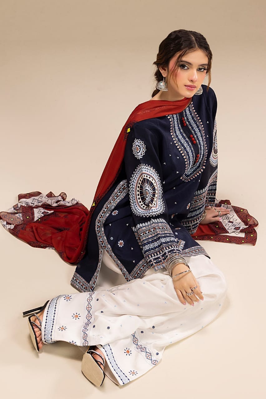 RR-610 Unstitched Heavy Embroidered Dhanak Suit With Digital Printed Monar Dupatta
