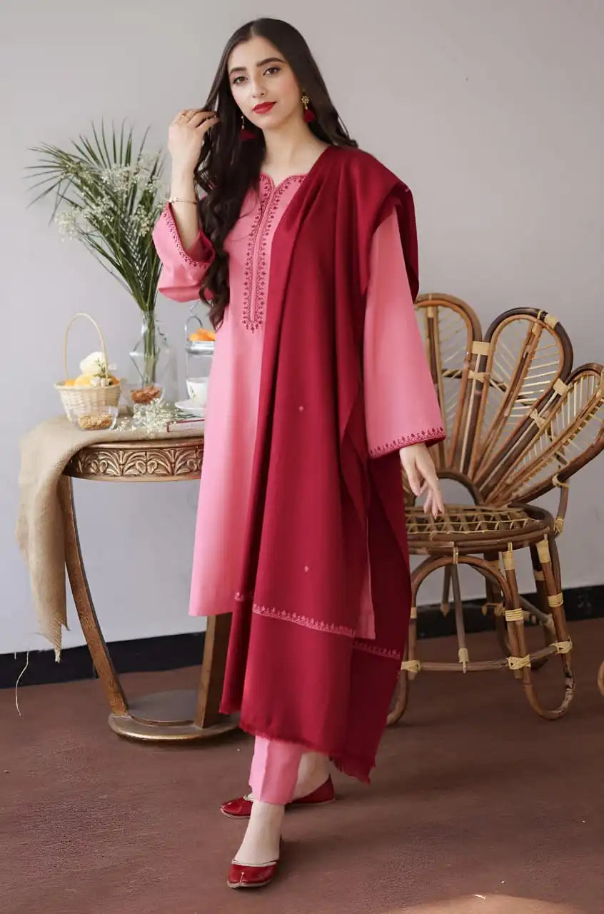 AS-15 Unstitched Fully Embroidered Dhanak Suit With Dhanak Shawl