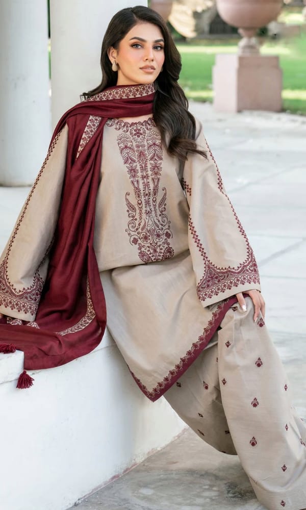 KD-910 Unstitched Heavy Embroidered Dhanak Suit With Embroidered Dhanak Shawl
