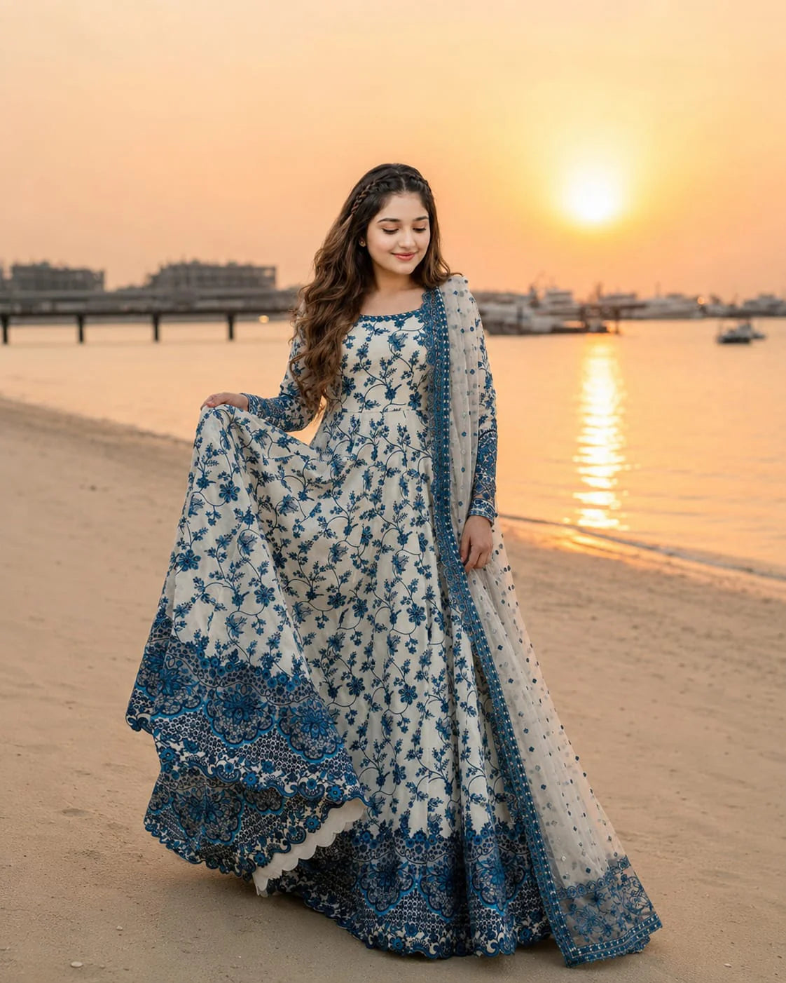 FS-1000 Lawn Unstitched Frock Fully Embroidered 3pc Suit With Organza Embroidered Dupatta