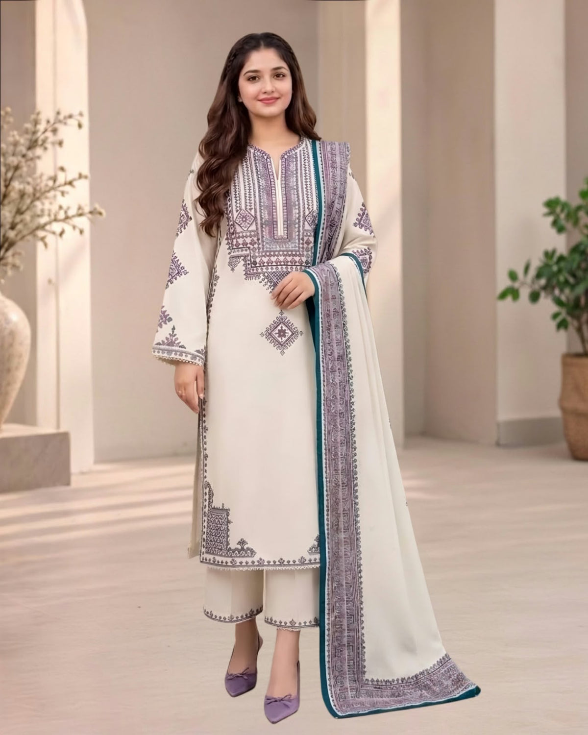GA-313 Unstitched Fully Embroidered Dhanak Suit With Digital Printed Wool Shawl