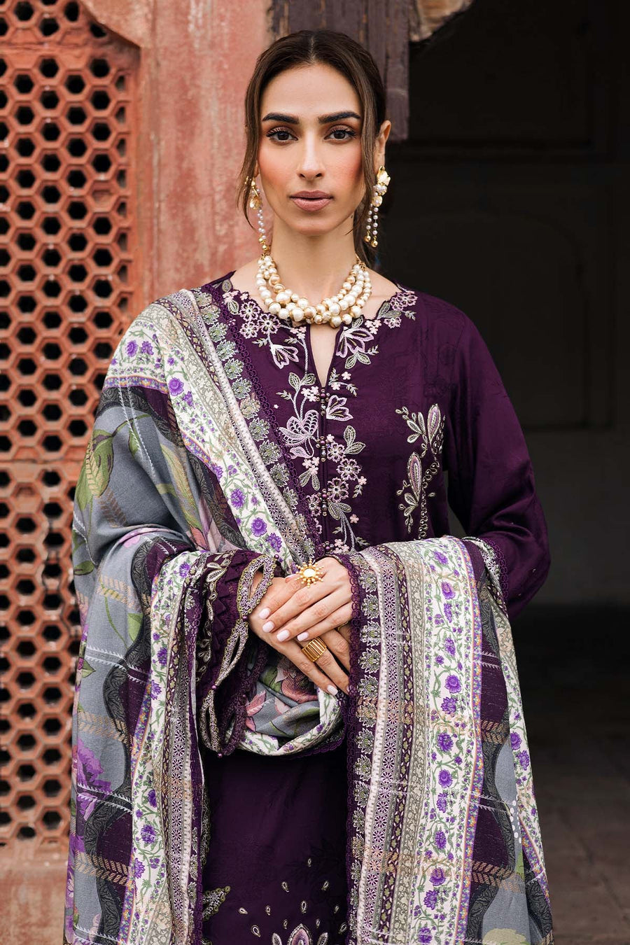NY-2393 Unstitched Fully Embroidered Dhanak Suit With Digital Printed Wool Shawl