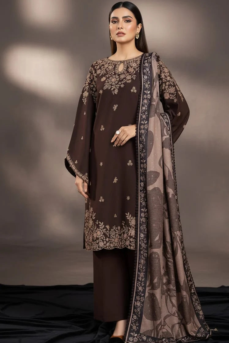 BQ-140 Dhanak Embroidered Suit With Digital Printed Wool Shawl