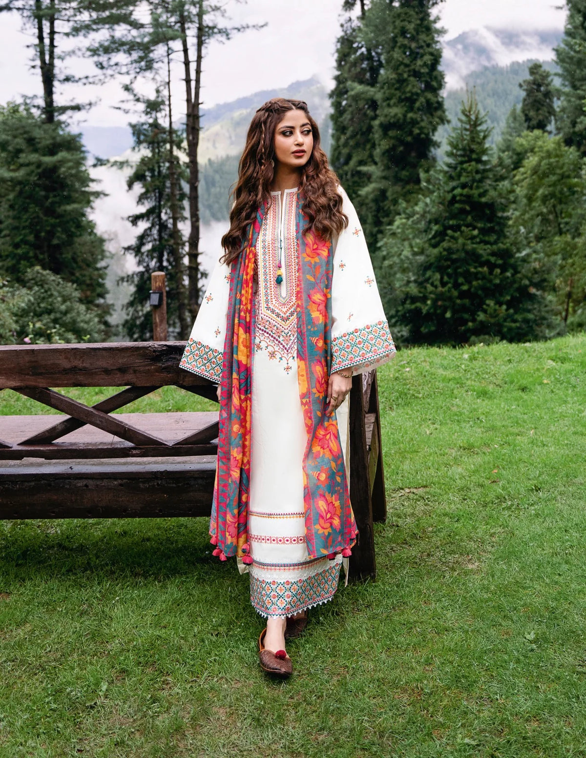 AJ-2543 Unstitched Fully Embroidered Dhanak Suit With Digital Printed Wool Shawl