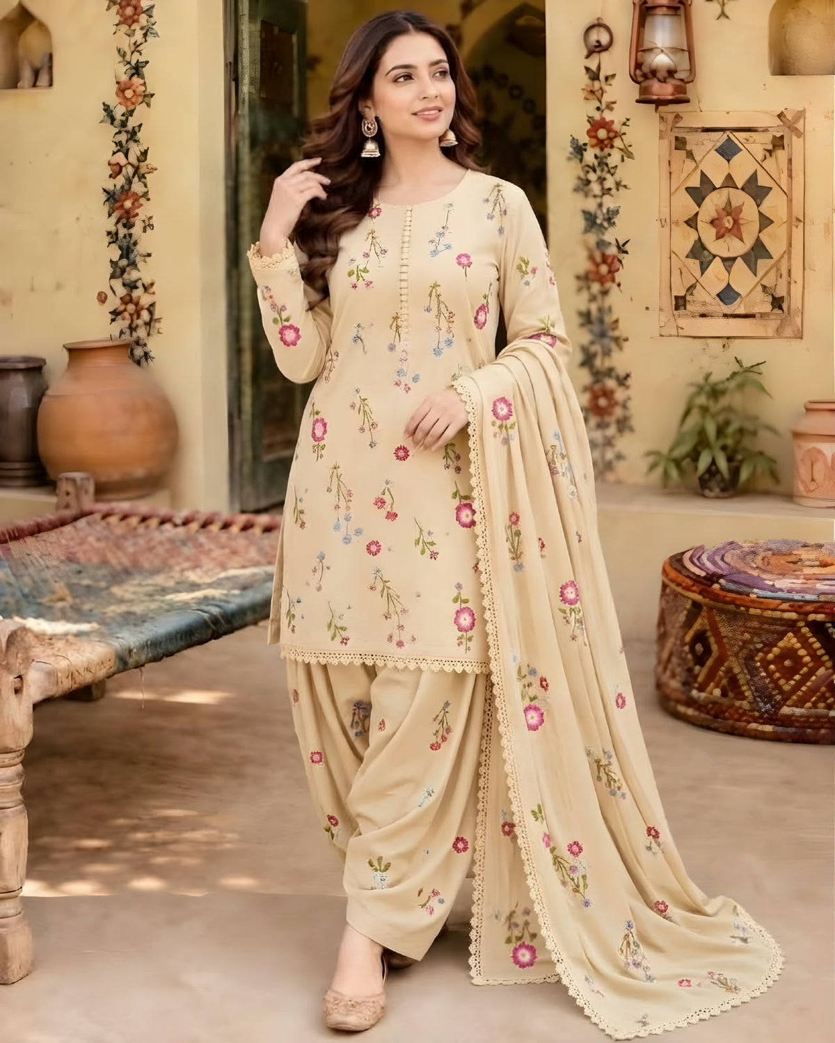 Unstitched Fully Embroidered Dhanak Suit With Embroidered Dhanak Shawl