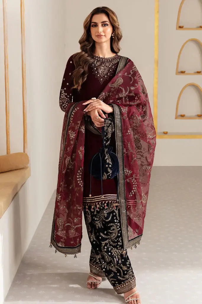 MB-1010 Sequence Embroidered 9000 Micro Velvet 3Pc With Organza Embroidered Dupatta