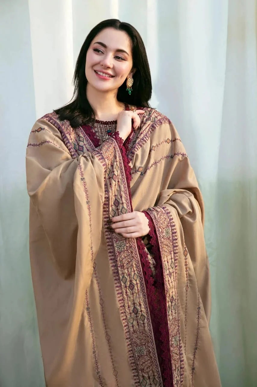 FL-895 Unstitched Heavy Embroidered Dhanak Suit With Embroidered Dhanak Shawl