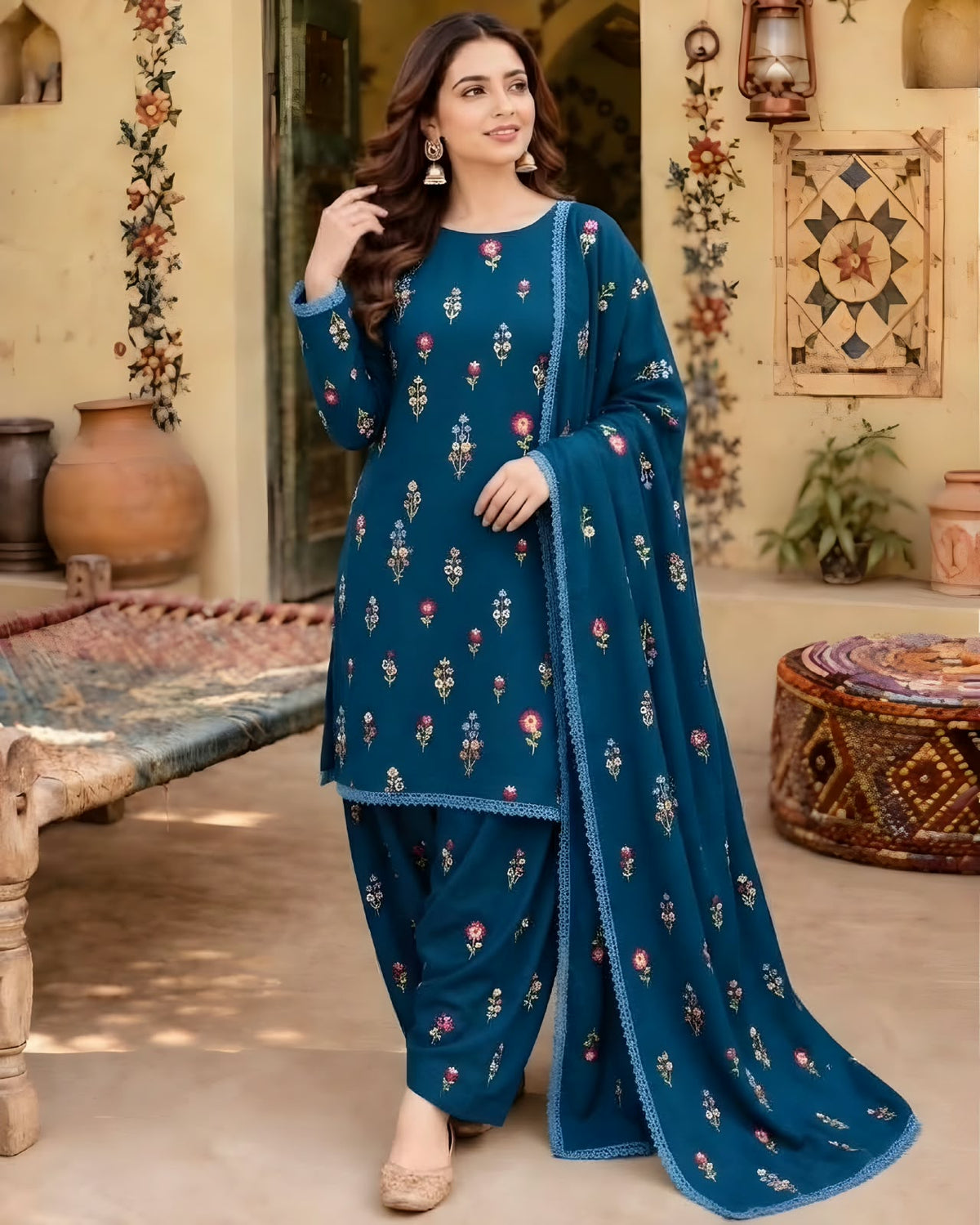 Unstitched Fully Embroidered Dhanak Suit With Embroidered Dhanak Shawl