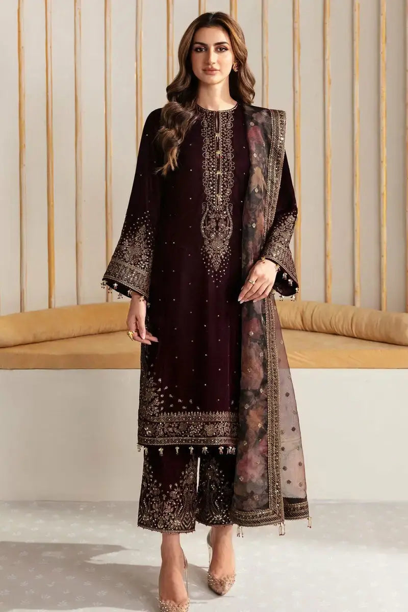 MB-1015 Sequence Embroidered 9000 Micro Velvet 3Pc With Organza Embroidered Dupatta