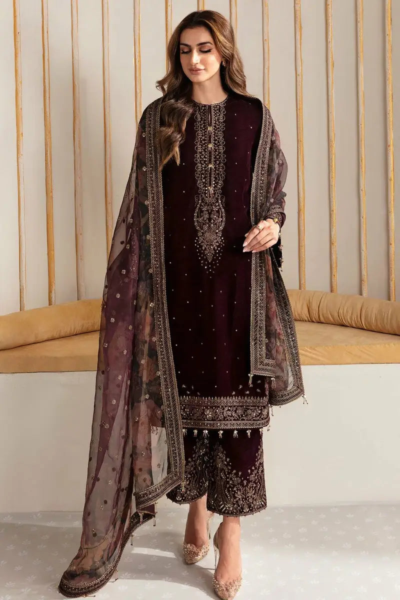 MB-1015 Sequence Embroidered 9000 Micro Velvet 3Pc With Organza Embroidered Dupatta