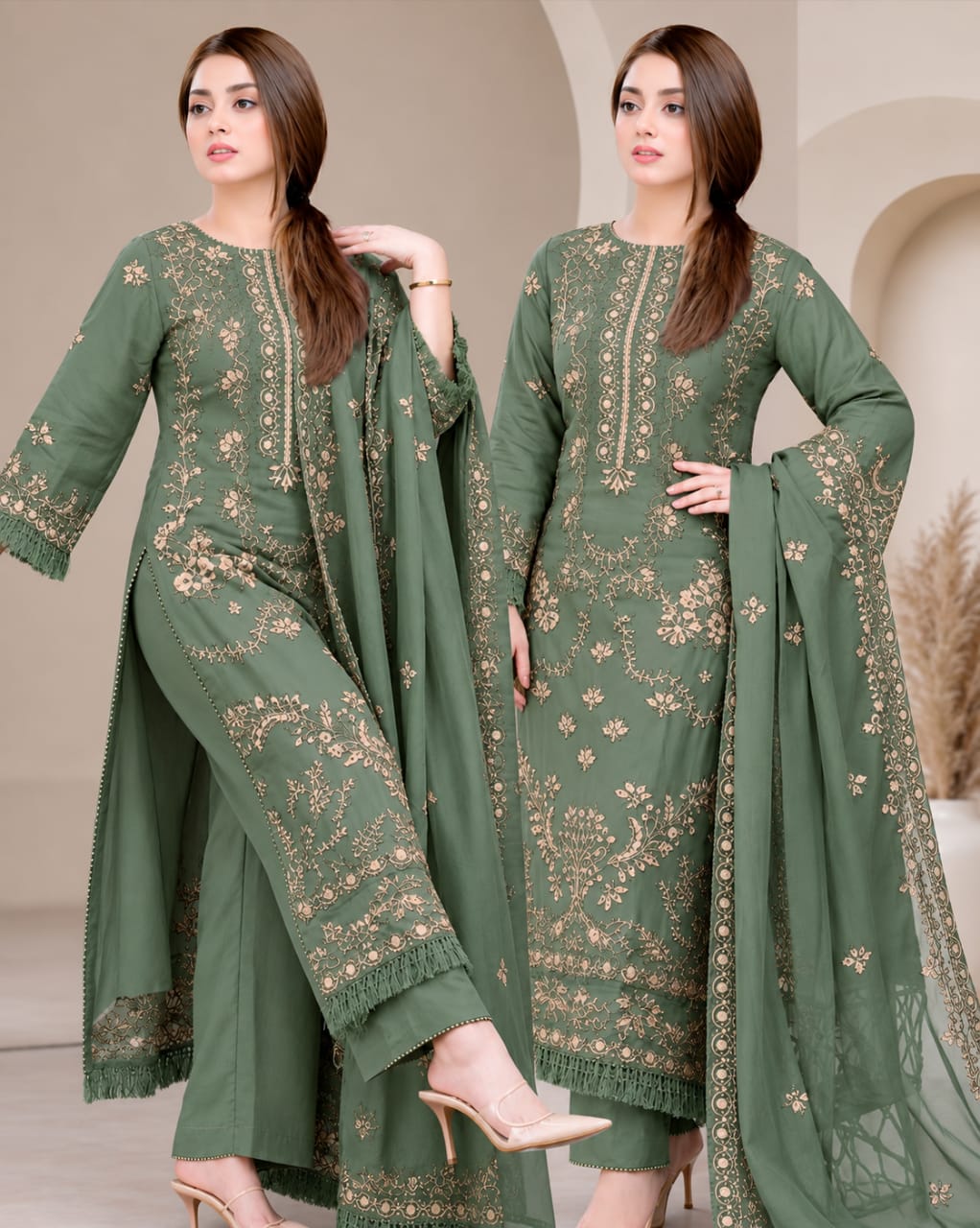 NS-33 (Sage Green) Un-Stitched Dhanak Embroidered Suit With Dhanak Embroidered Shawl