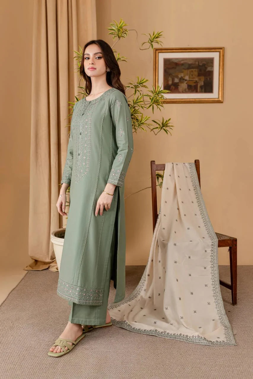 RP-600 Unstitched Heavy Embroidered Dhanak Suit With Embroidered Dhanak Shawl