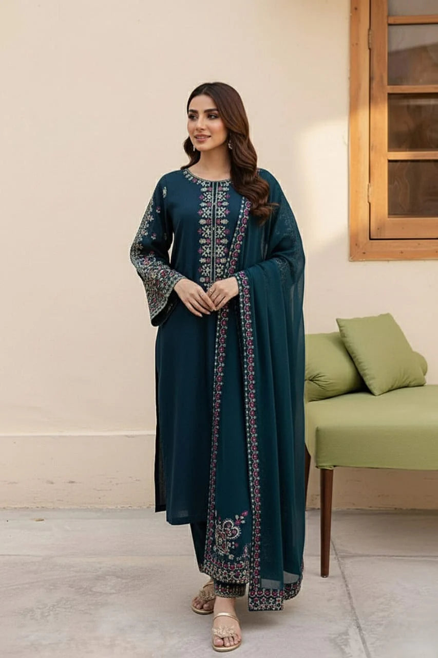 LM-585 Unstitched Embroidered Lawn Suit 3pc With Embroidered Chiffon Dupatta